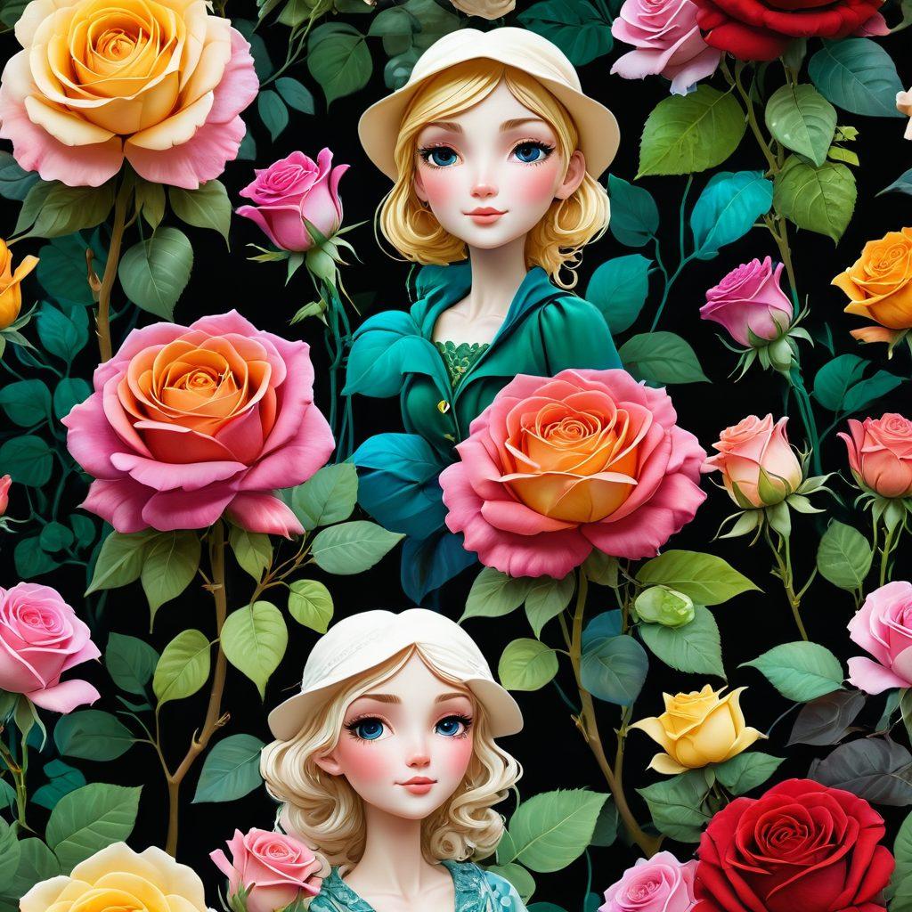A whimsical fusion between vibrant heirloom roses and fantastical animated characters from graphic novels and manga, showcasing a lush garden where the roses bloom alongside quirky, colorful characters engaged in playful adventures. The scene should be full of intricate details, blending nature with fantasy elements, creating a magical and enchanting atmosphere. super-realistic. vibrant colors. soft focus.