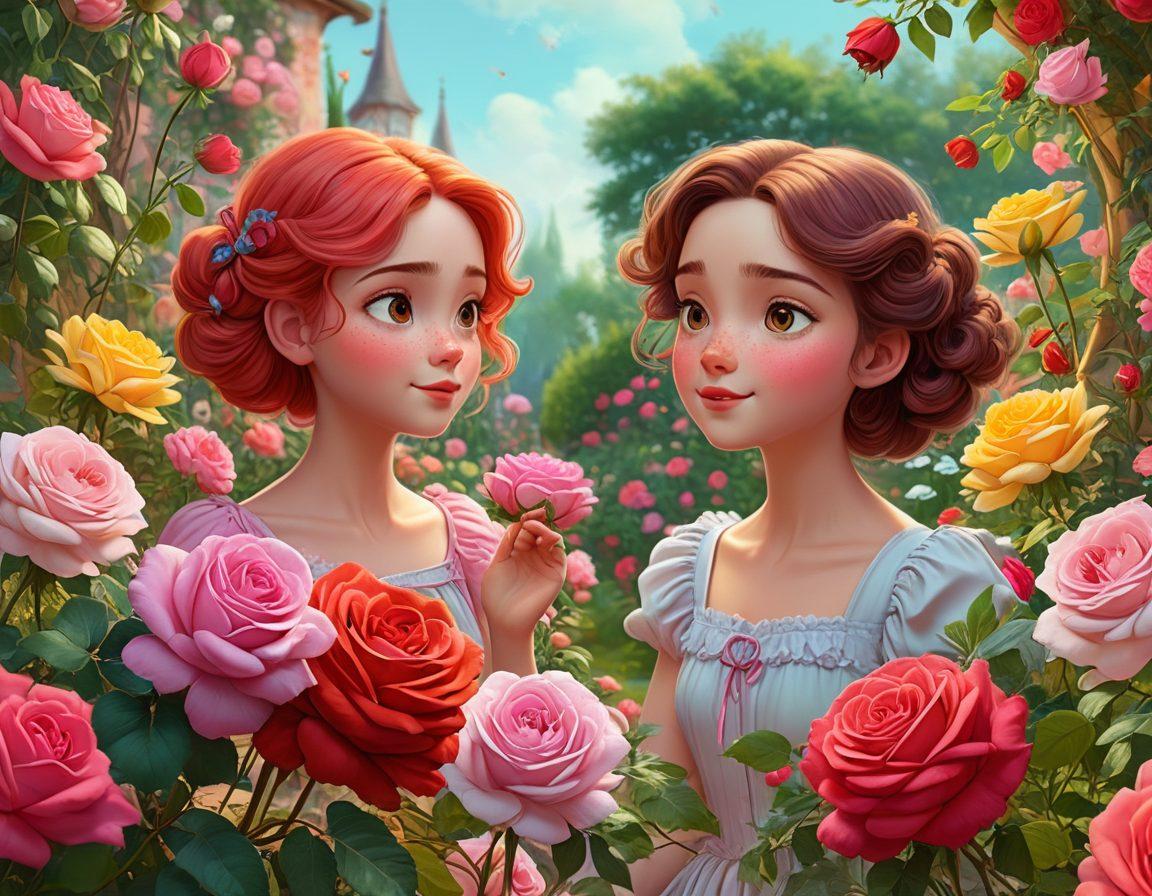 A captivating scene featuring a lush garden filled with vibrant, blossoming roses, intertwined with playful, whimsical adult animation characters exploring the surroundings. The colors should be lively and bright, capturing a sense of wonder and desire. The background should have a soft, dreamy quality to enhance the romantic and exploratory theme. Use a mix of surreal and cartoonish styles. vibrant colors. dreamy background. surrealism.