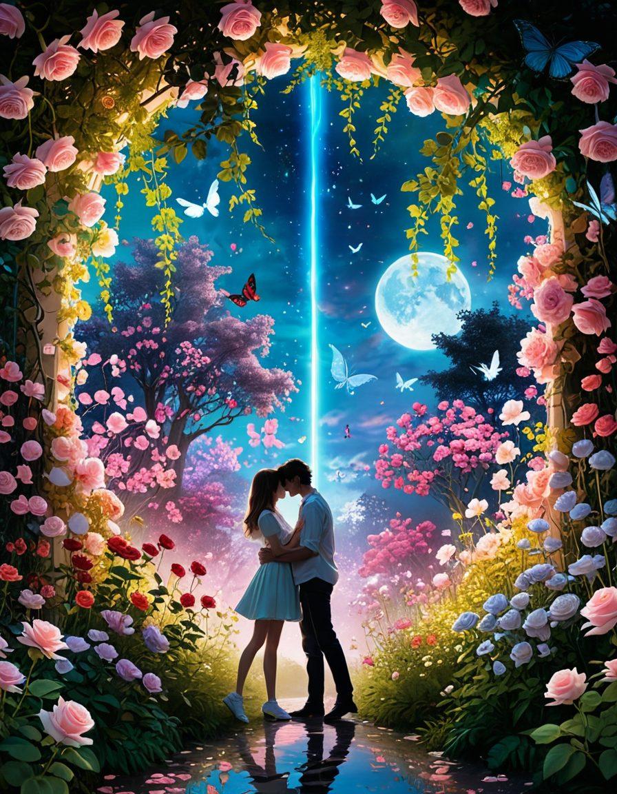 A whimsical scene featuring a delicate balance of vibrant anime characters and rare rose varieties, with petals cascading around them. The background merges a dreamy garden with fantasy elements, showcasing both the beauty of the roses and the playful essence of anime. Soft pastel colors with a hint of neon accents bring the composition to life. The atmosphere evokes a sense of passion and exploration. surreal art. vibrant colors. fantasy style.